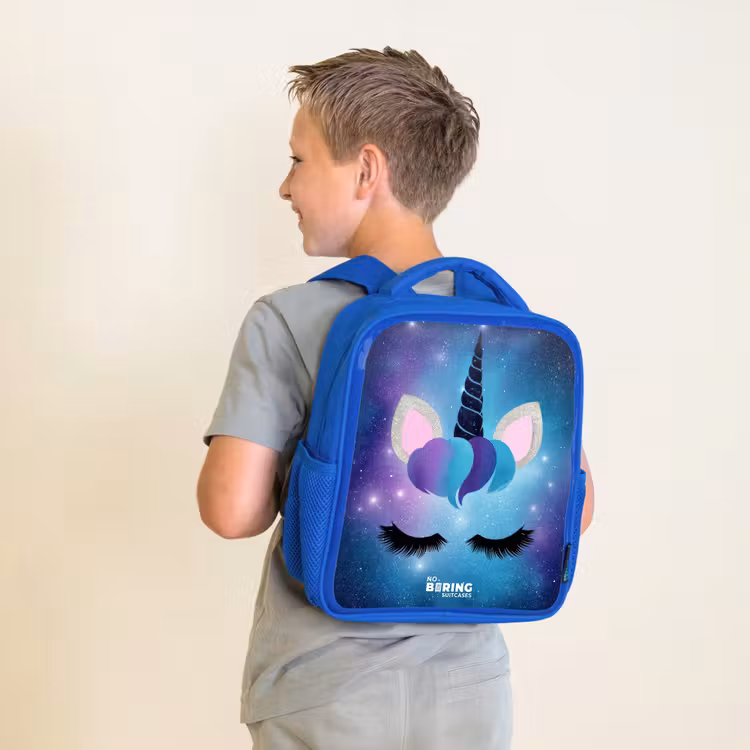 Kids backpack with name - Blue - Unicorn on a starry sky background — 2