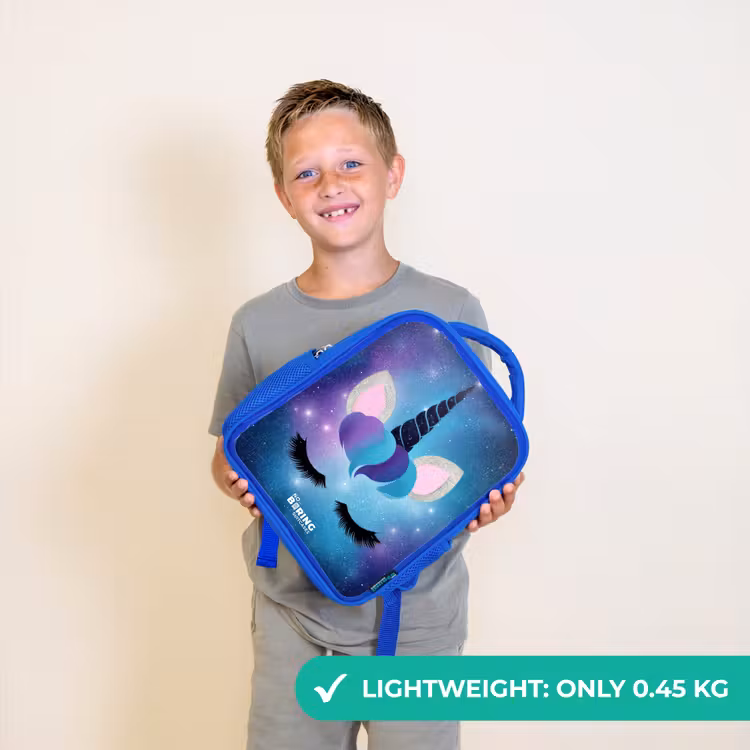Kids backpack with name - Blue - Unicorn on a starry sky background — 3