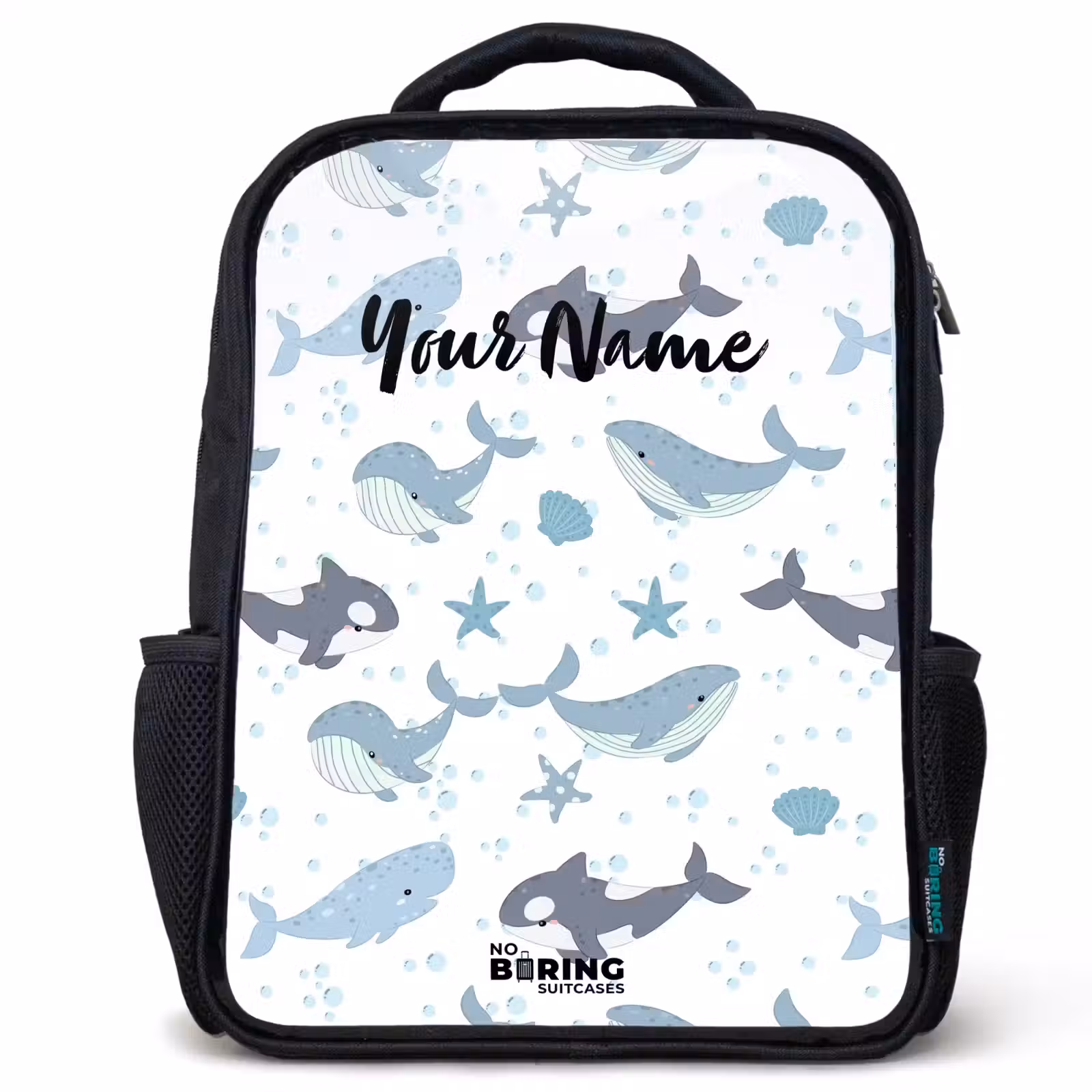 Kids backpack - Black - Whale pattern with shells blue — 1