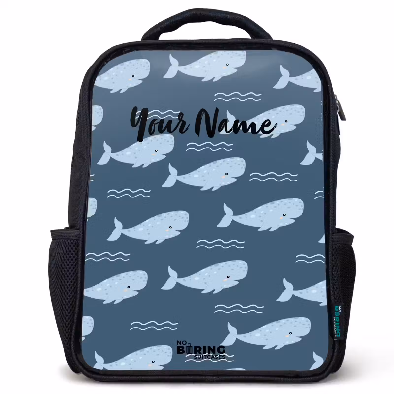 Kids backpack - Black - Whale with waves pattern blue — 1