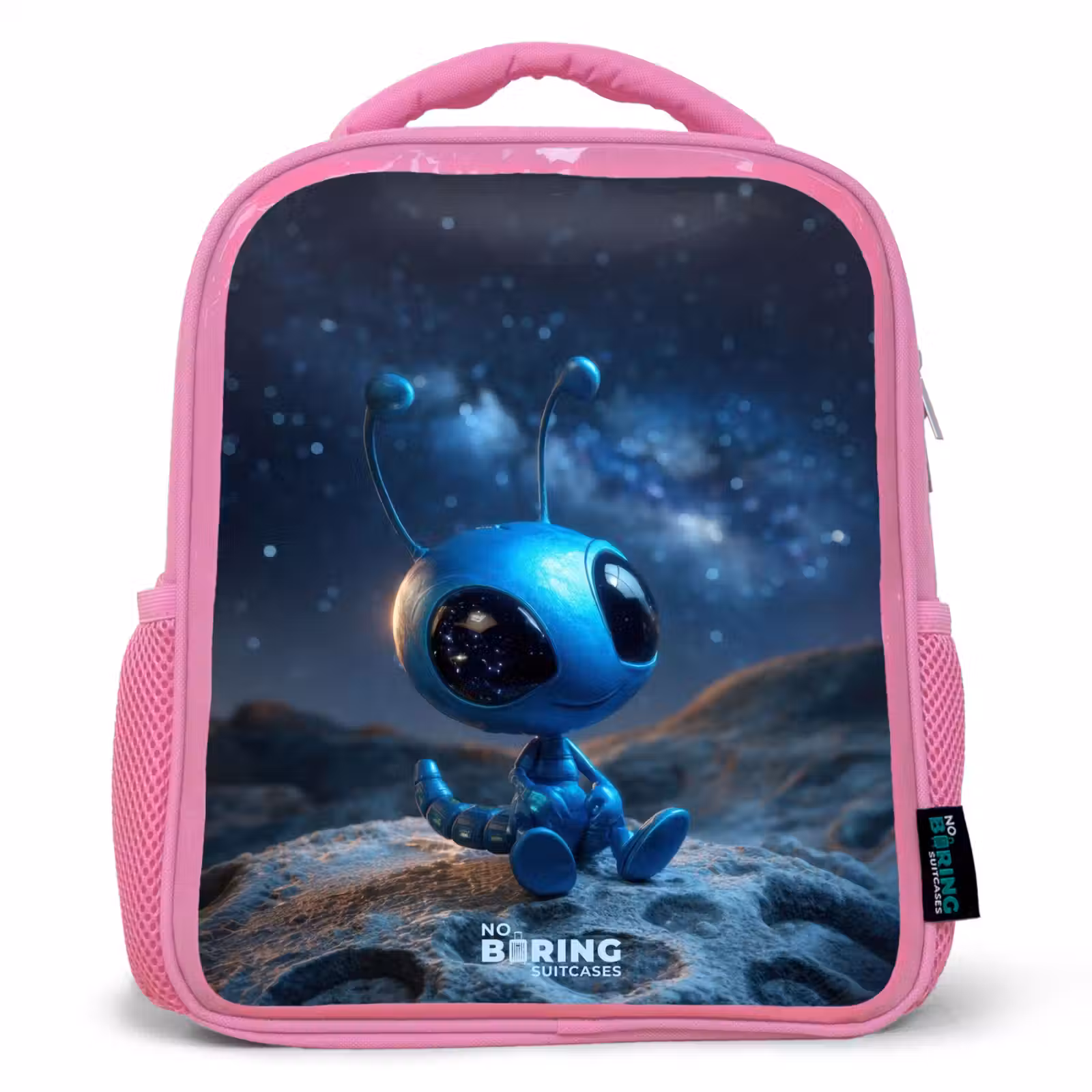 Kids backpack with name - Pink - Blue alien creature under starry sky — 1