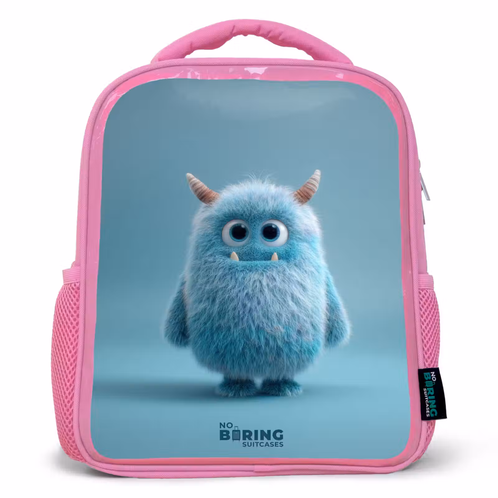 Kids backpack with name - Pink - Blue fluffy monster with horns — 1