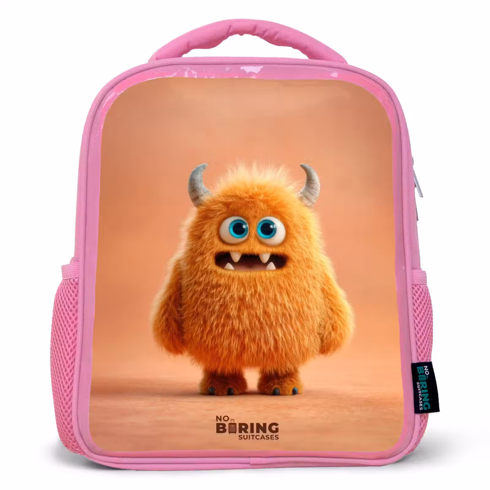 Kids backpack with name - Pink - Orange Fluffy Monster with Horns — 1