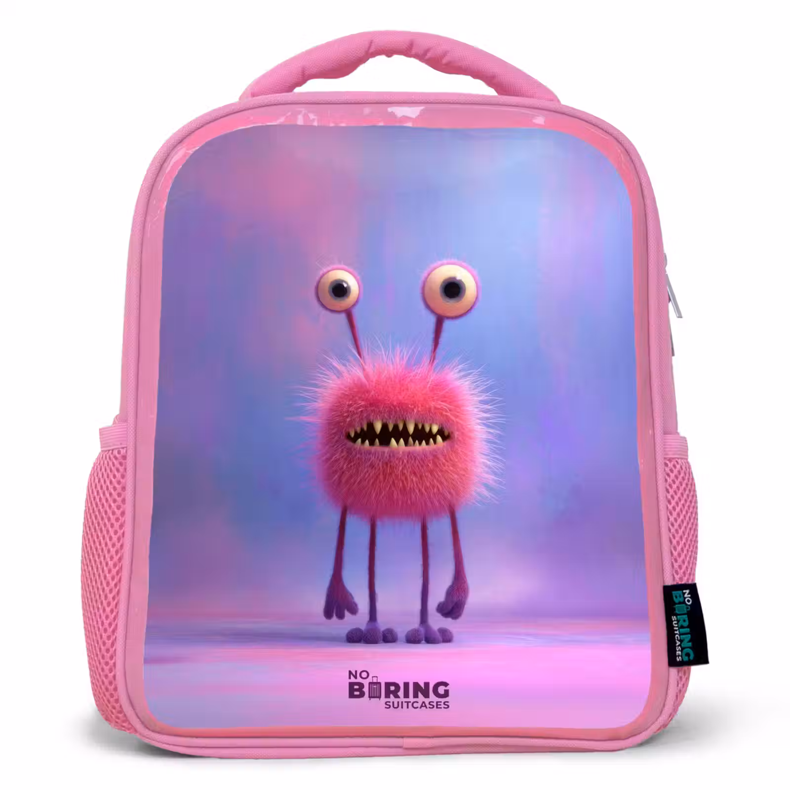 Kids backpack with name - Pink - Pink furry monster with big eyes — 1