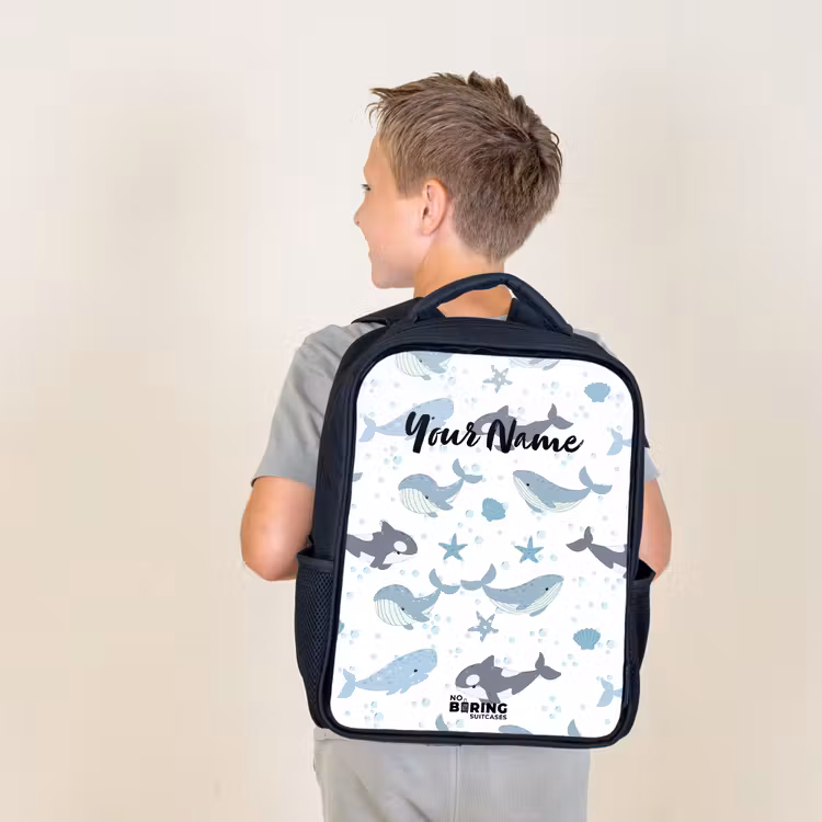 Kids backpack - Black - Whale pattern with shells blue — 2