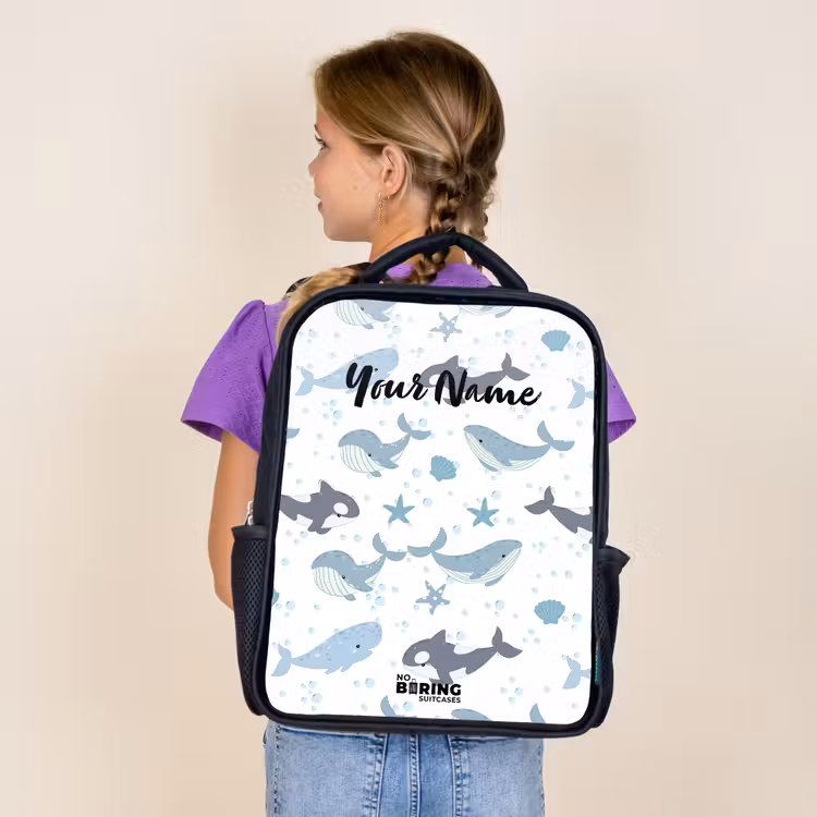 Kids backpack - Black - Whale pattern with shells blue — 4