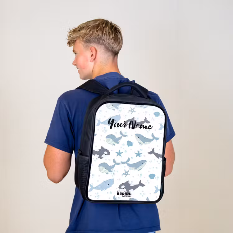 Kids backpack - Black - Whale pattern with shells blue — 5