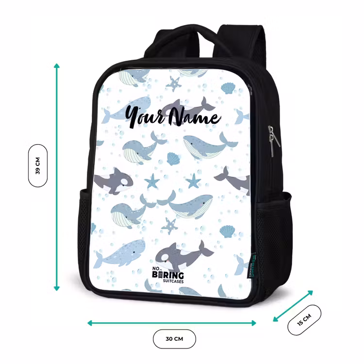 Kids backpack - Black - Whale pattern with shells blue — 8