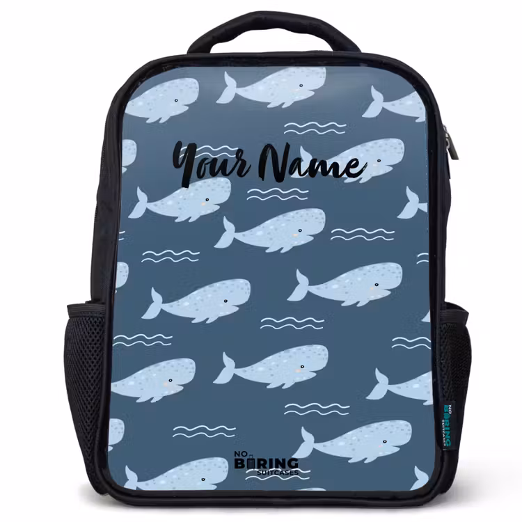 Kids backpack - Black - Whale with waves pattern blue — 1