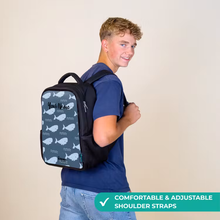 Kids backpack - Black - Whale with waves pattern blue — 11