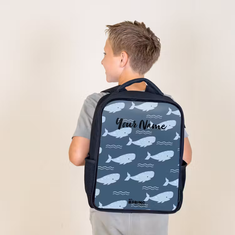 Kids backpack - Black - Whale with waves pattern blue — 2