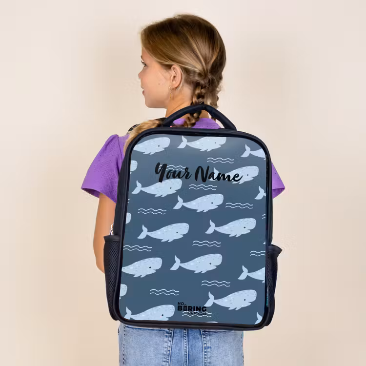 Kids backpack - Black - Whale with waves pattern blue — 4
