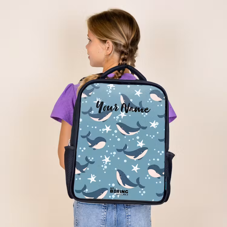 Kids backpack - Black - Whales with starfish pattern blue — 4