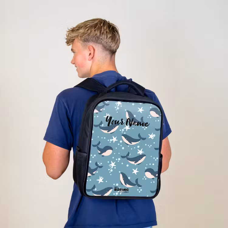 Kids backpack - Black - Whales with starfish pattern blue — 5