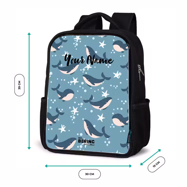 Kids backpack - Black - Whales with starfish pattern blue — 8