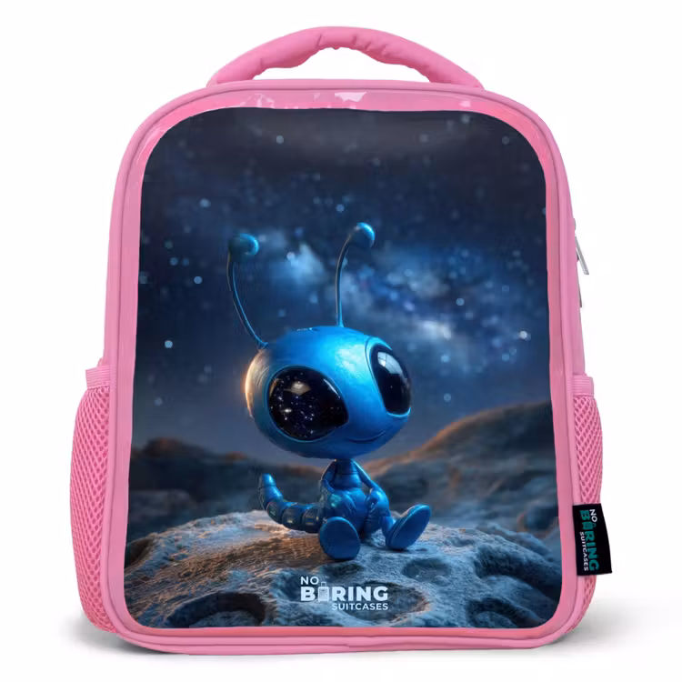 Kids backpack with name - Pink - Blue alien creature under starry sky — 1