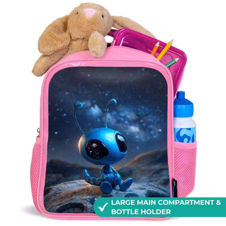 Kids backpack with name - Pink - Blue alien creature under starry sky — 2