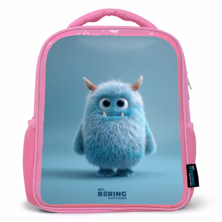 Kids backpack with name - Pink - Blue fluffy monster with horns — 1