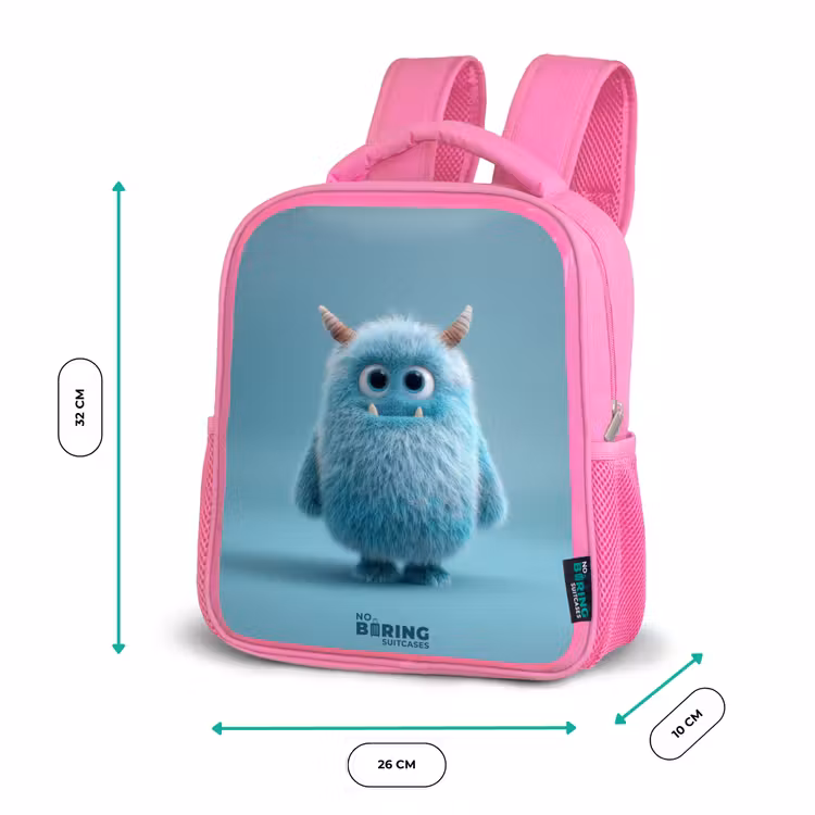 Kids backpack with name - Pink - Blue fluffy monster with horns — 3