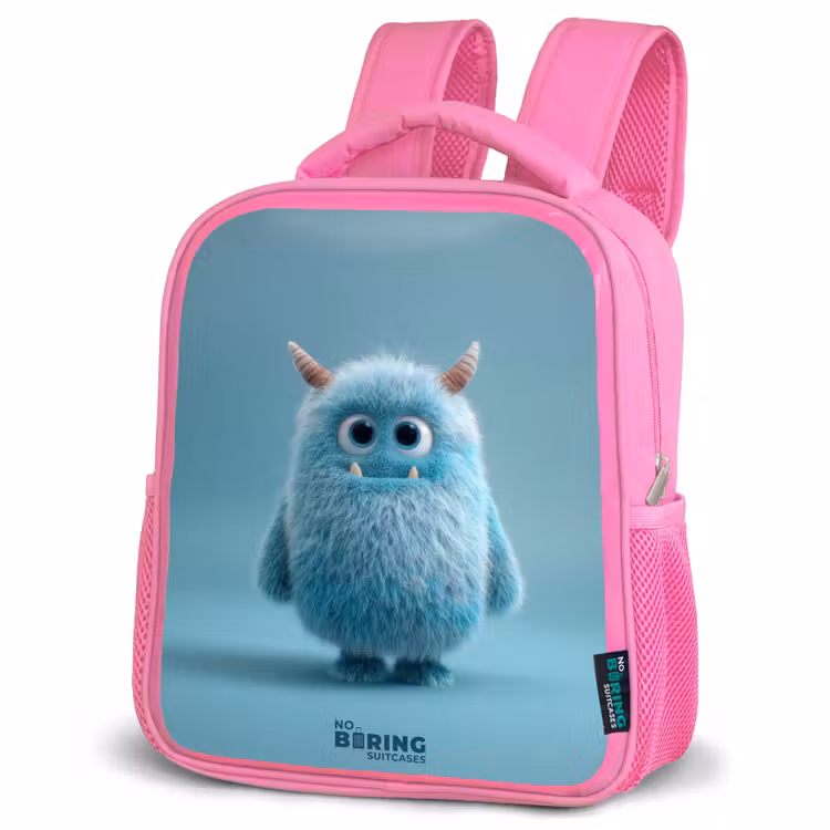 Kids backpack with name - Pink - Blue fluffy monster with horns — 4