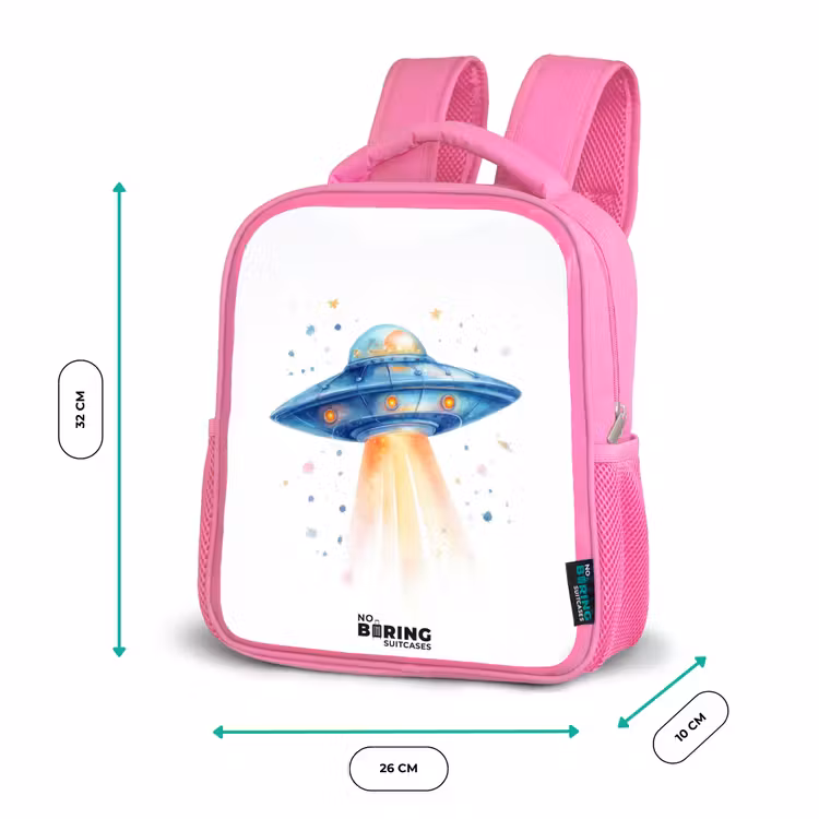Kids backpack with name - Pink - Blue spaceship with beam of light — 3