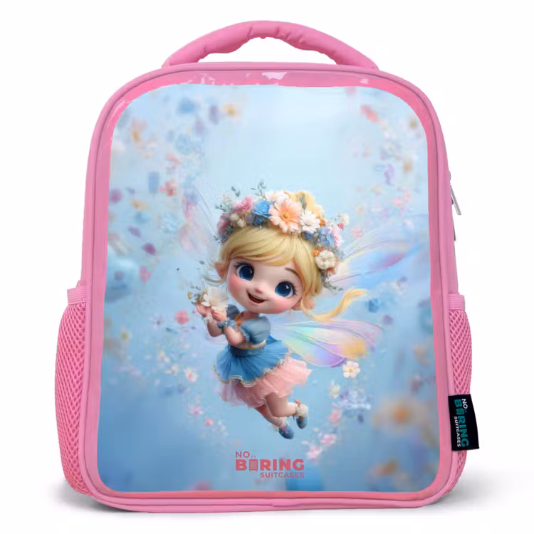 Kids backpack with name - Pink - Butterfly Fairy in Flower Air — 1