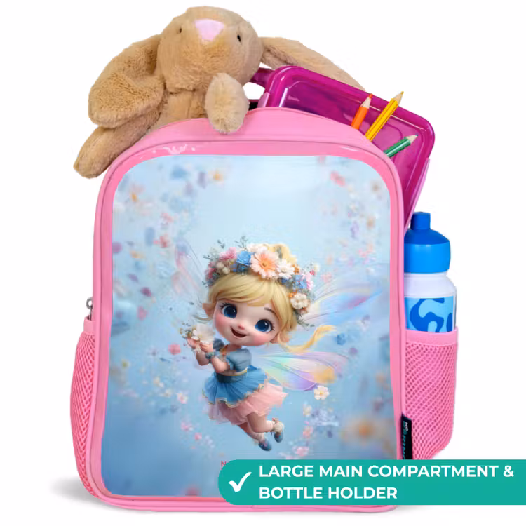 Kids backpack with name - Pink - Butterfly Fairy in Flower Air — 2