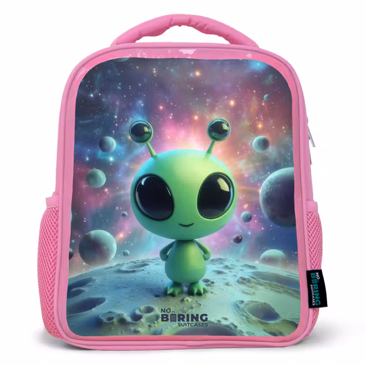 Kids backpack with name - Pink - Green alien creature on lunar landscape — 1