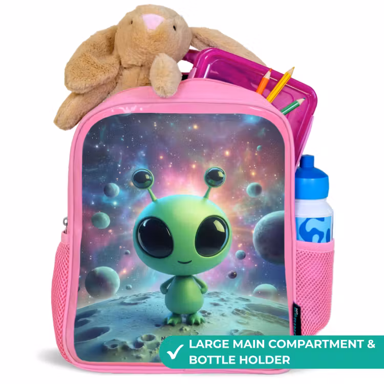 Kids backpack with name - Pink - Green alien creature on lunar landscape — 2