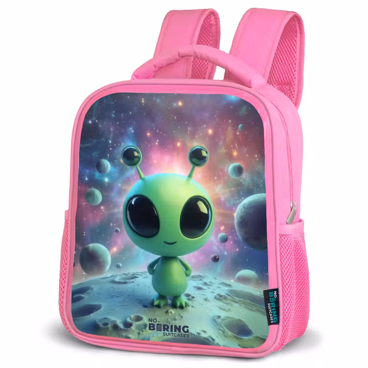 Kids backpack with name - Pink - Green alien creature on lunar landscape — 4