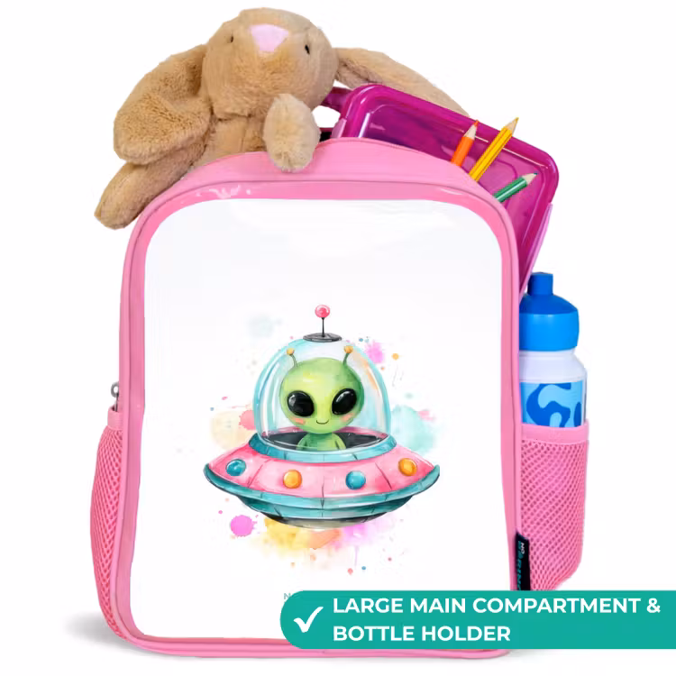 Kids backpack with name - Pink - Green alien in colorful UFO — 2