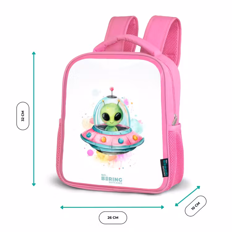 Kids backpack with name - Pink - Green alien in colorful UFO — 3