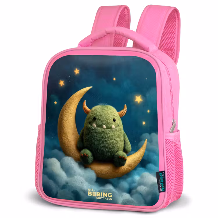 Kids backpack with name - Pink - Green monster on crescent moon — 4