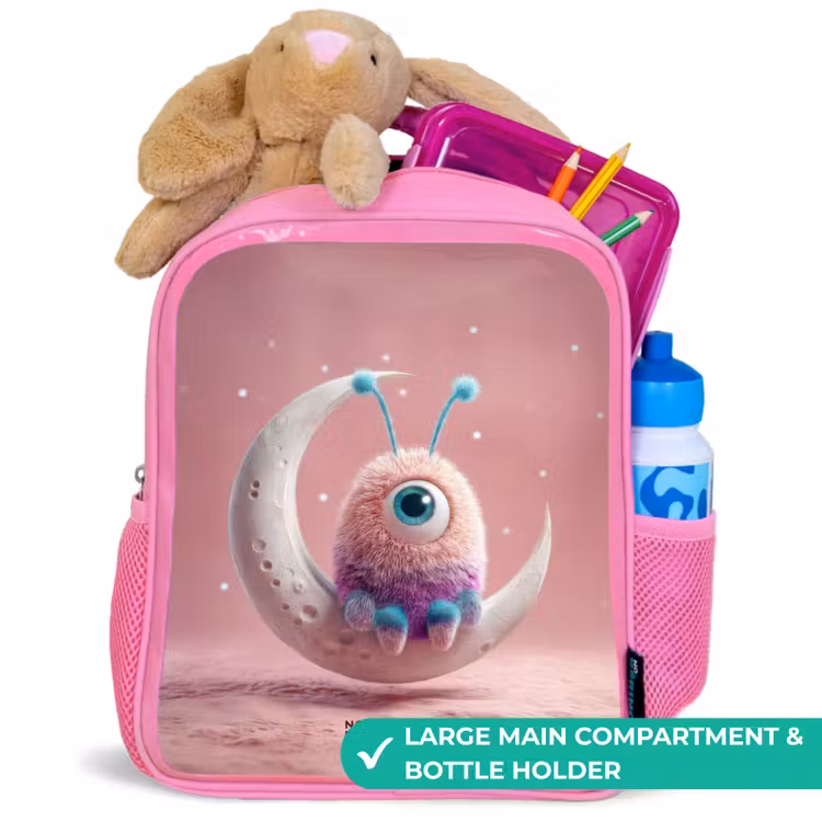 Kids backpack with name - Pink - Moon rocker with Fluffy Weasel — 2