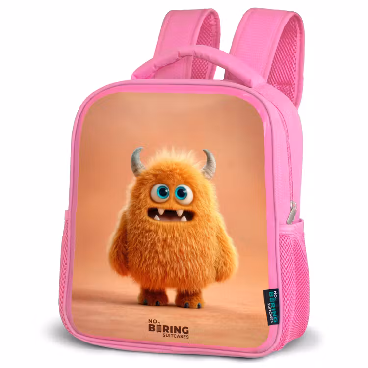 Kids backpack with name - Pink - Orange Fluffy Monster with Horns — 4