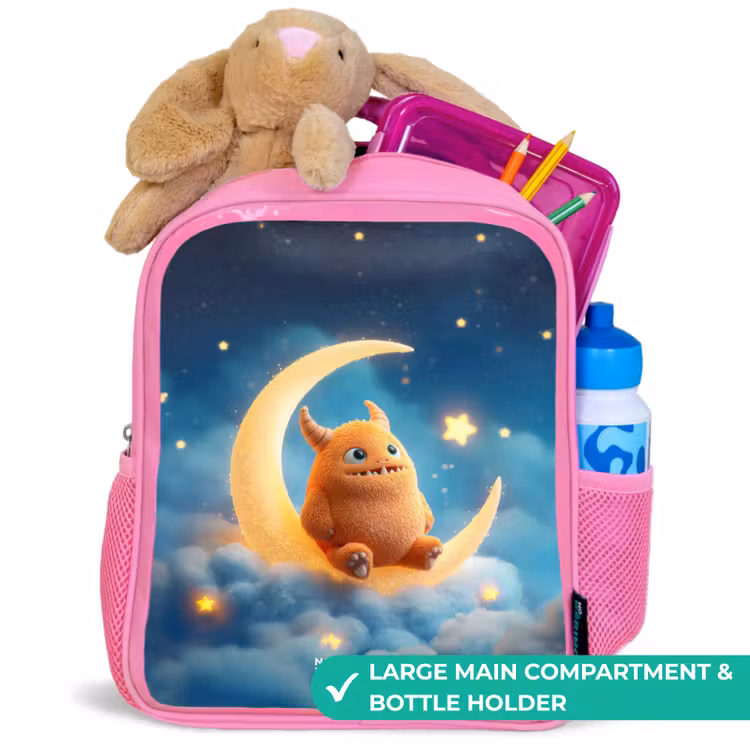 Kids backpack with name - Pink - Orange monster on crescent moon — 2