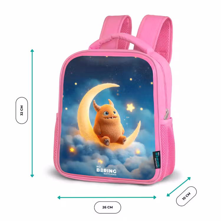 Kids backpack with name - Pink - Orange monster on crescent moon — 3