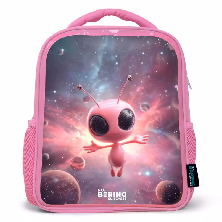 Kids backpack with name - Pink - Pink Alien in Star Nebula — 1