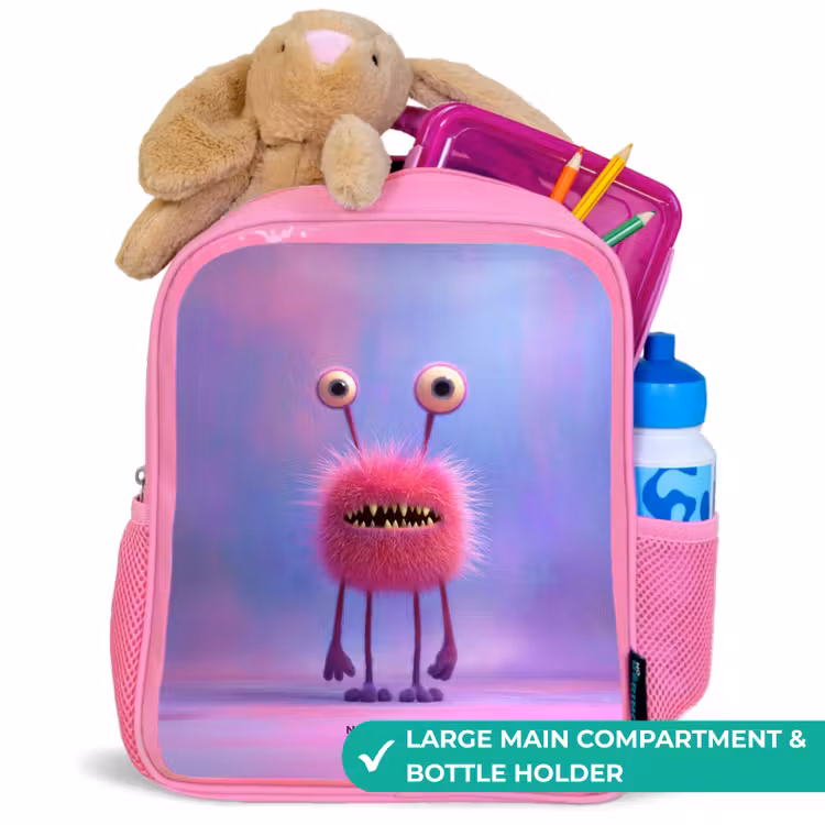 Kids backpack with name - Pink - Pink furry monster with big eyes — 2
