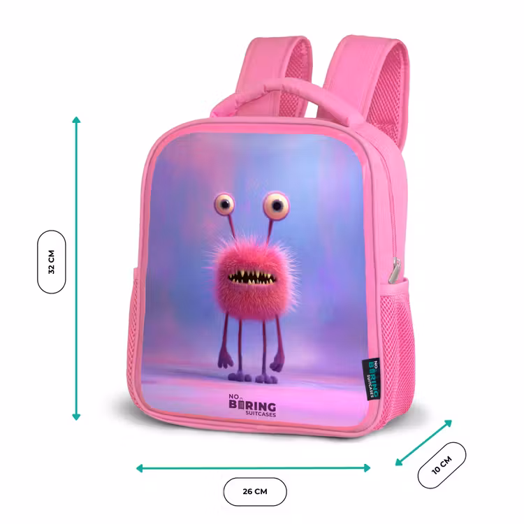 Kids backpack with name - Pink - Pink furry monster with big eyes — 3