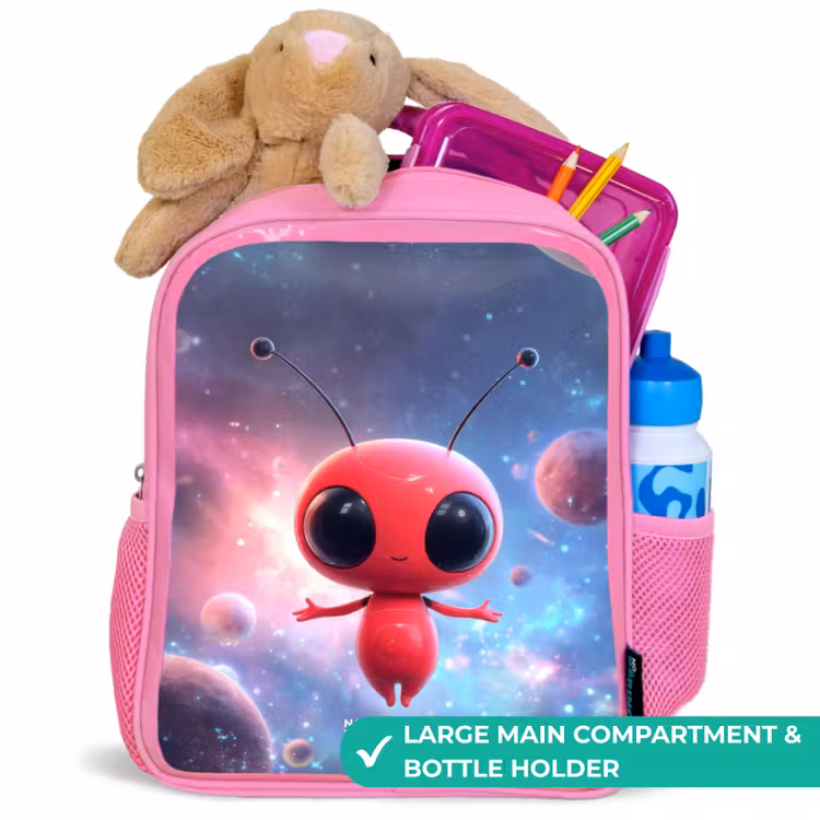 Kids backpack with name - Pink - Red Space Being in Cosmic Dance — 2