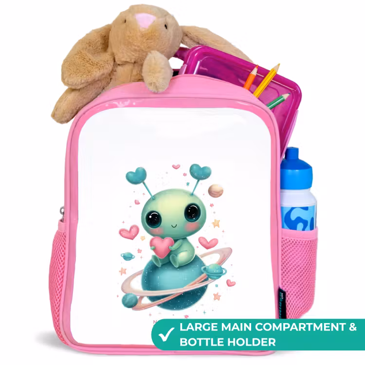 Kids backpack with name - Pink - Sweet alien creature with heart — 2