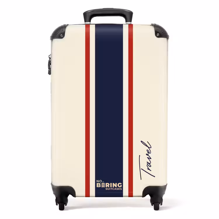Suitcase - Cream background with central tricolor stripe and text Travel — 1