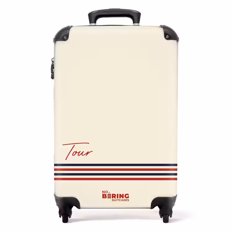 Suitcase - Cream background with red text and tri-color stripe at bottom — 1