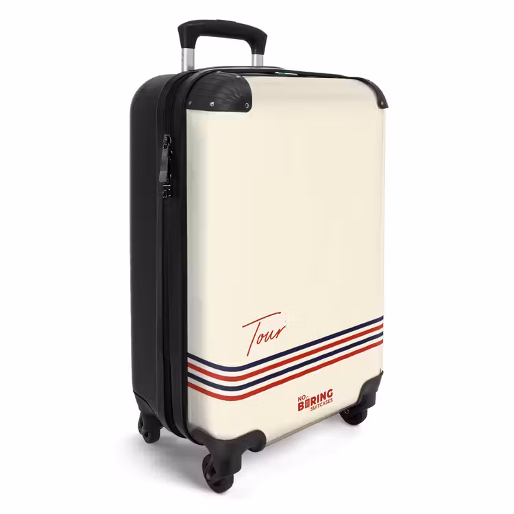 Suitcase - Cream background with red text and tri-color stripe at bottom — 2