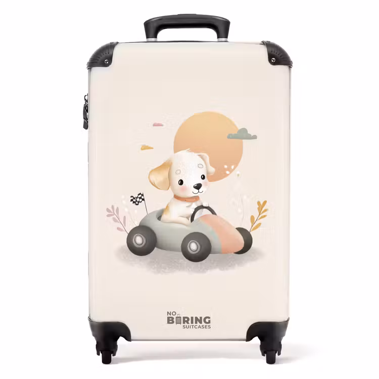 Suitcase - Puppy in a race car in beige colors — 1