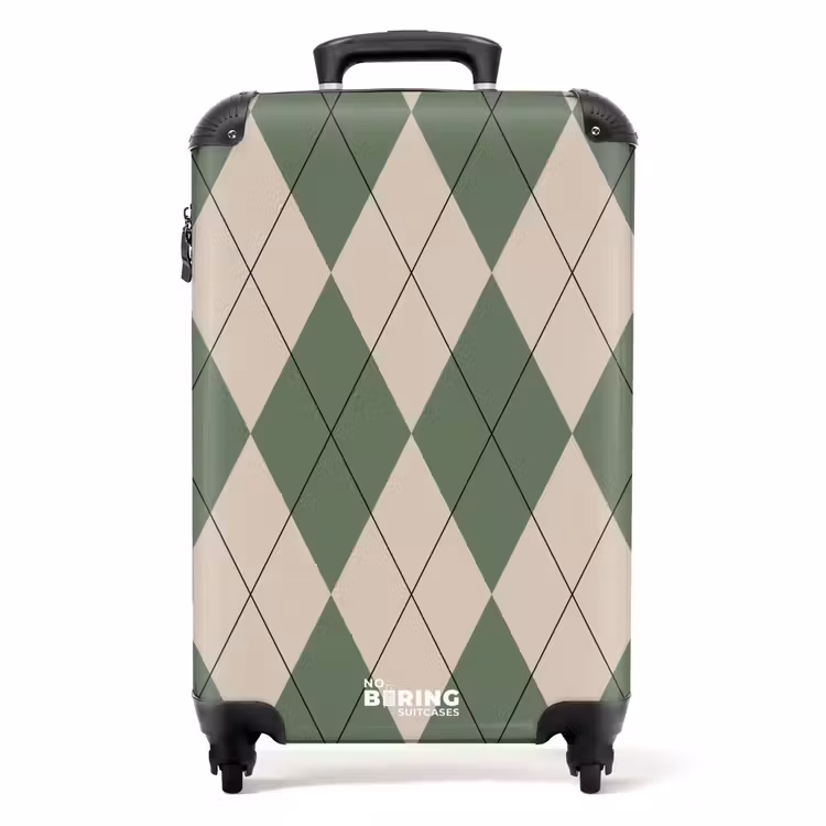 Suitcase - Green with beige plaid pattern — 1