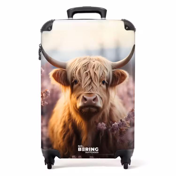 Suitcase - Scottish highlander with pink flowers — 1