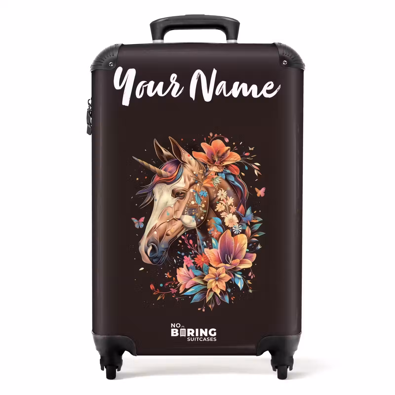 Suitcase with name - Unicorn and Flowers on Black Background — 1