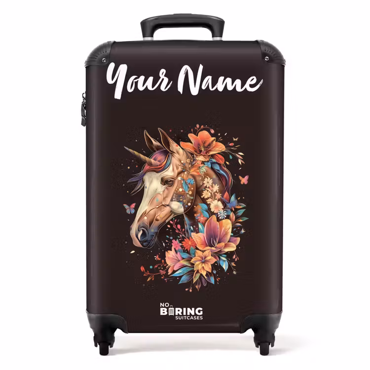 Suitcase with name - Unicorn and Flowers on Black Background — 1